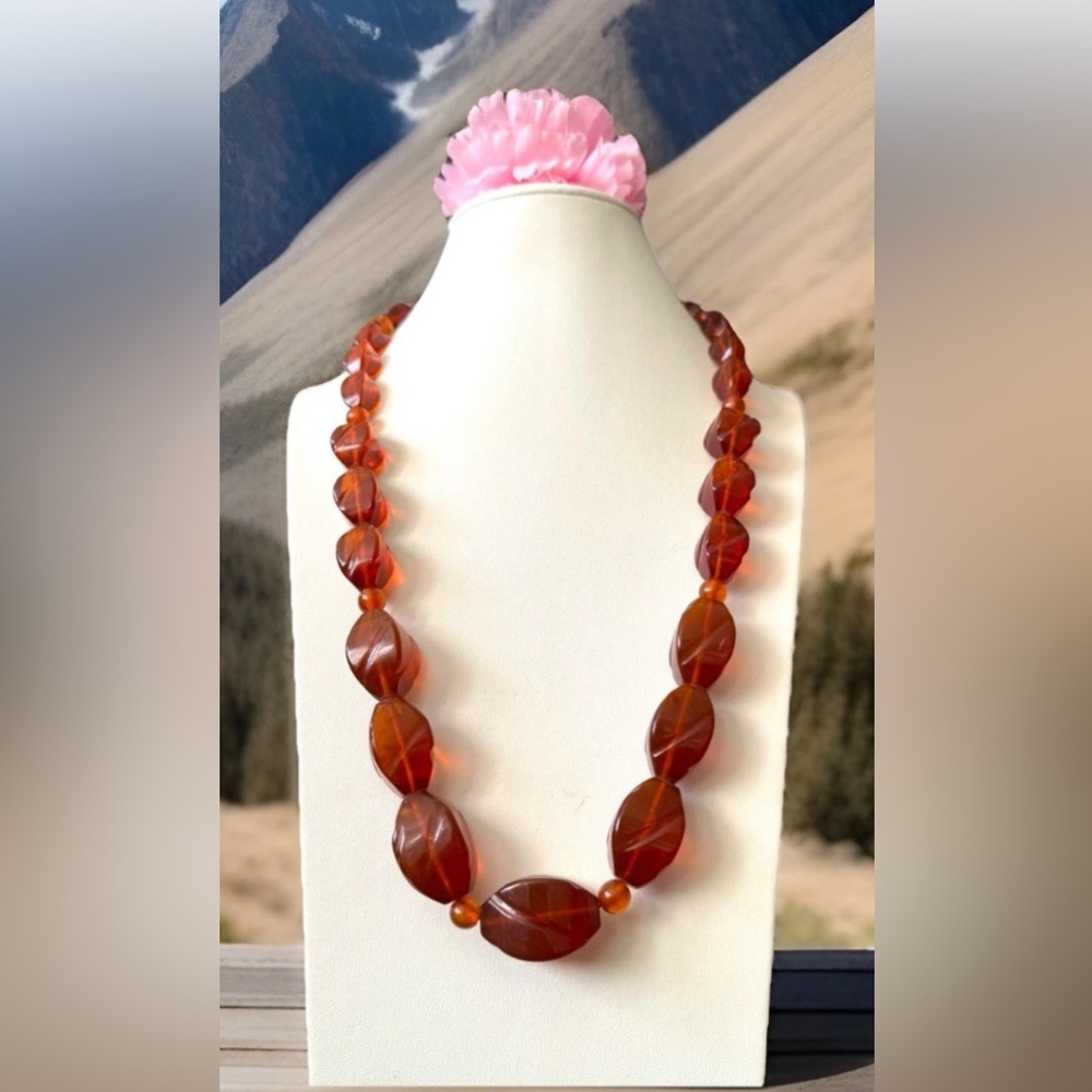 Elegant Vintage Carved & Graduated Dark Honey Color Baltic Amber Necklace 79gram